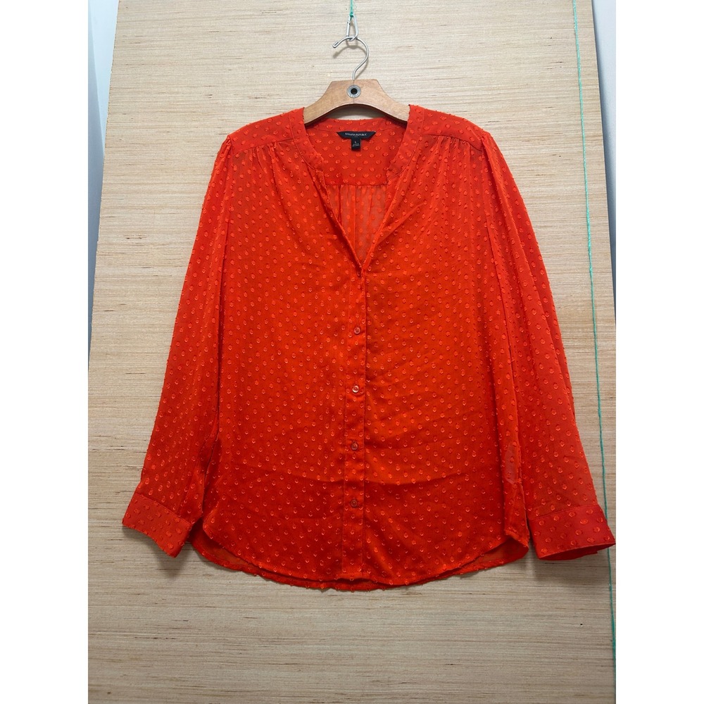 Banana Republic Womens Large Red Clipped Swiss Dot Button Front Blouse Top L
